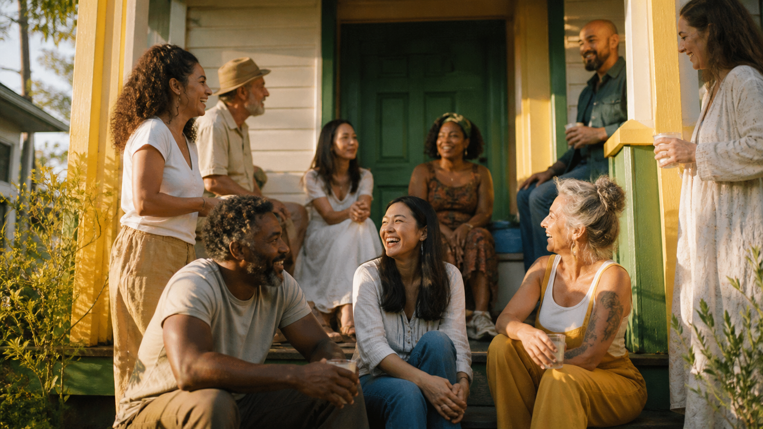 Neighbors laughing together on the clubhouse porch at golden hour