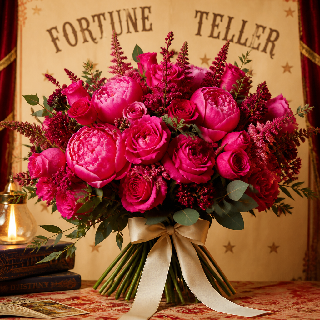 A lush shock-pink bouquet of roses and peonies — the Stemma reading bouquet